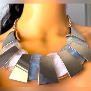 Vintage Necklace Blue Marble Moonglow & Silver Accents Statement Piece.